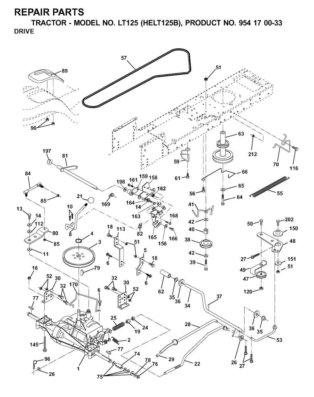 Drive Diagram and Parts List for LT125 (954170033-B)(2001-03) Husqvarna Lawn Tractor