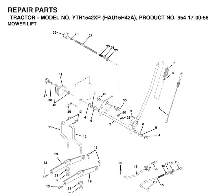 Mower Lift / Deck Lift Diagram and Parts List for YTH1542XP (HAU15H42A)(2003-01) Husqvarna Lawn Tractor