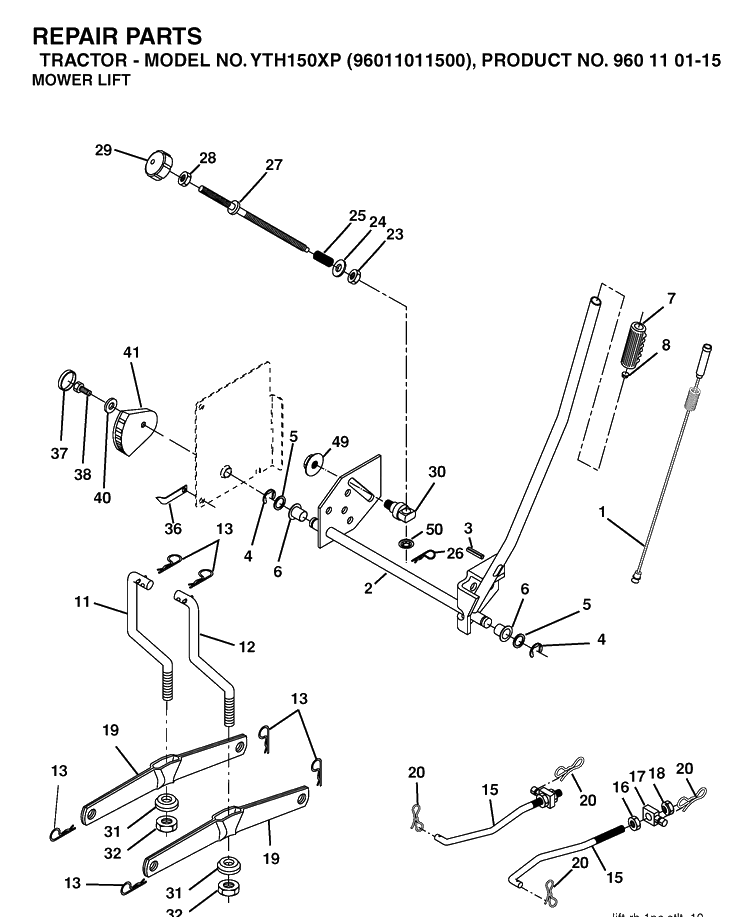 Mower Lift / Deck Lift Diagram and Parts List for YTH150XP (96011011500)(2006-01) Husqvarna Lawn Tractor