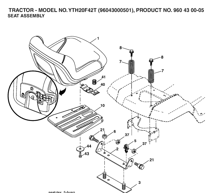 Seat Diagram and Parts List for YTH20F42T (96043000501)(2006-02) Husqvarna Lawn Tractor