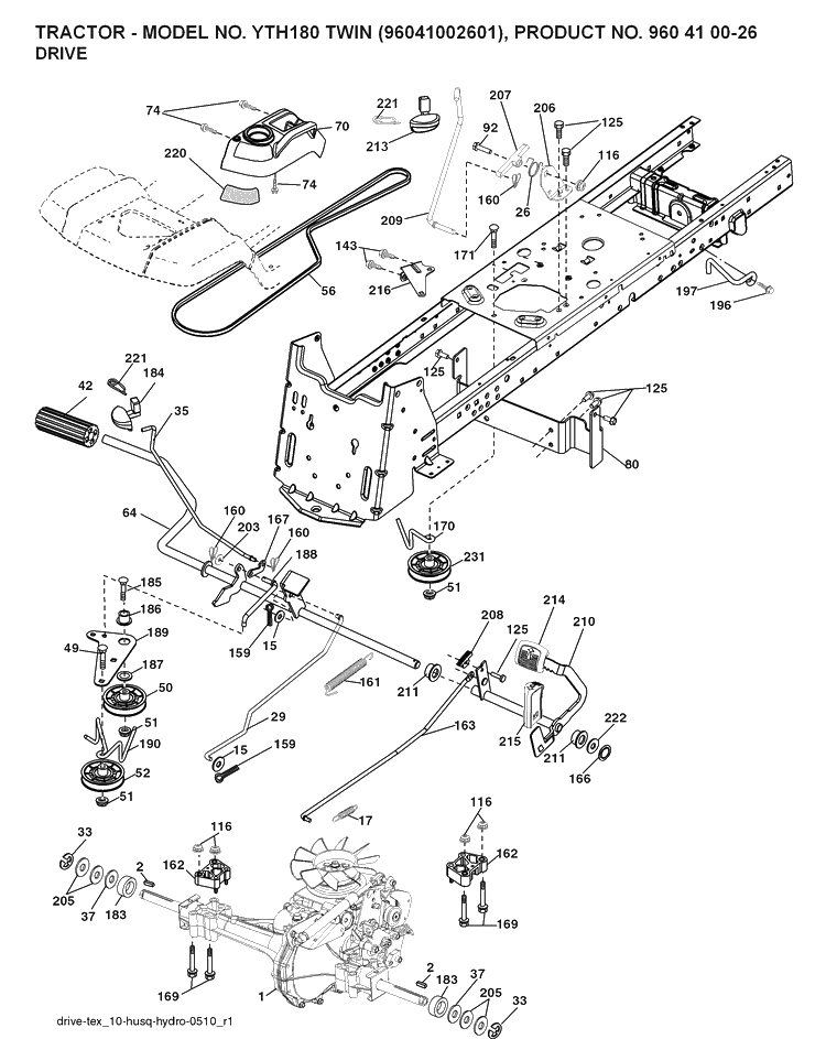 Drive Diagram and Parts List for YTH180 (96041002601)(2007-09) Husqvarna Lawn Tractor