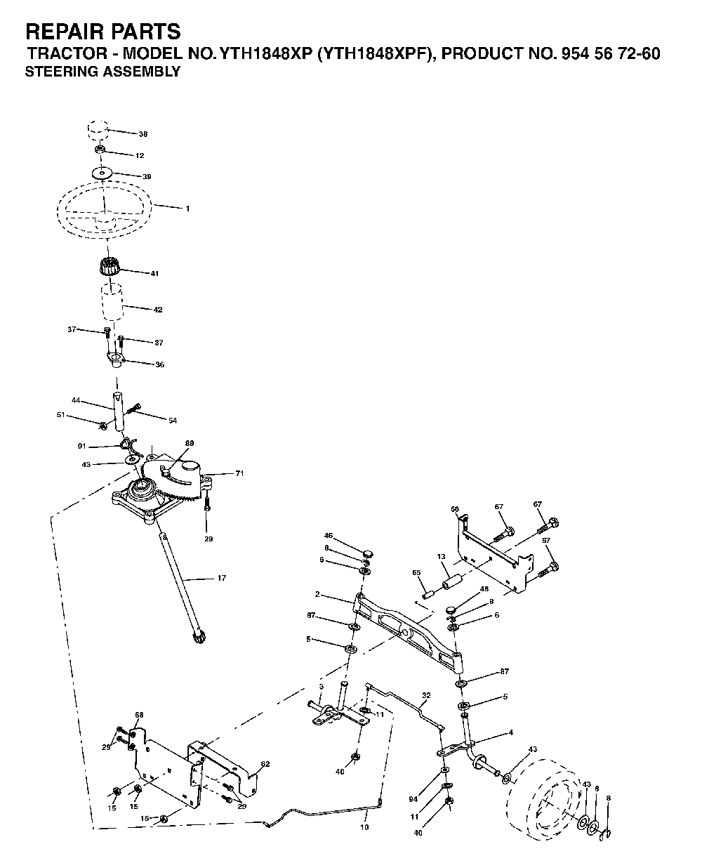 Steering Diagram and Parts List for YTH1848XPF (954567260)(2003-06) Husqvarna Lawn Tractor