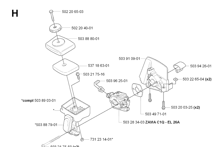 Carburetor And Air Filter Diagram and Parts List for 323HE3 20090900001-Current Husqvarna Hedge Trimmer