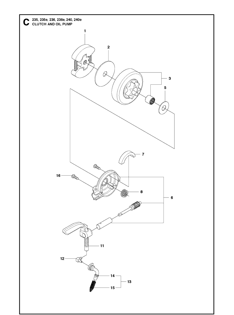 Clutch And Oil Pump Diagram and Parts List for 240 20101400001-20144000000 Husqvarna Chainsaw