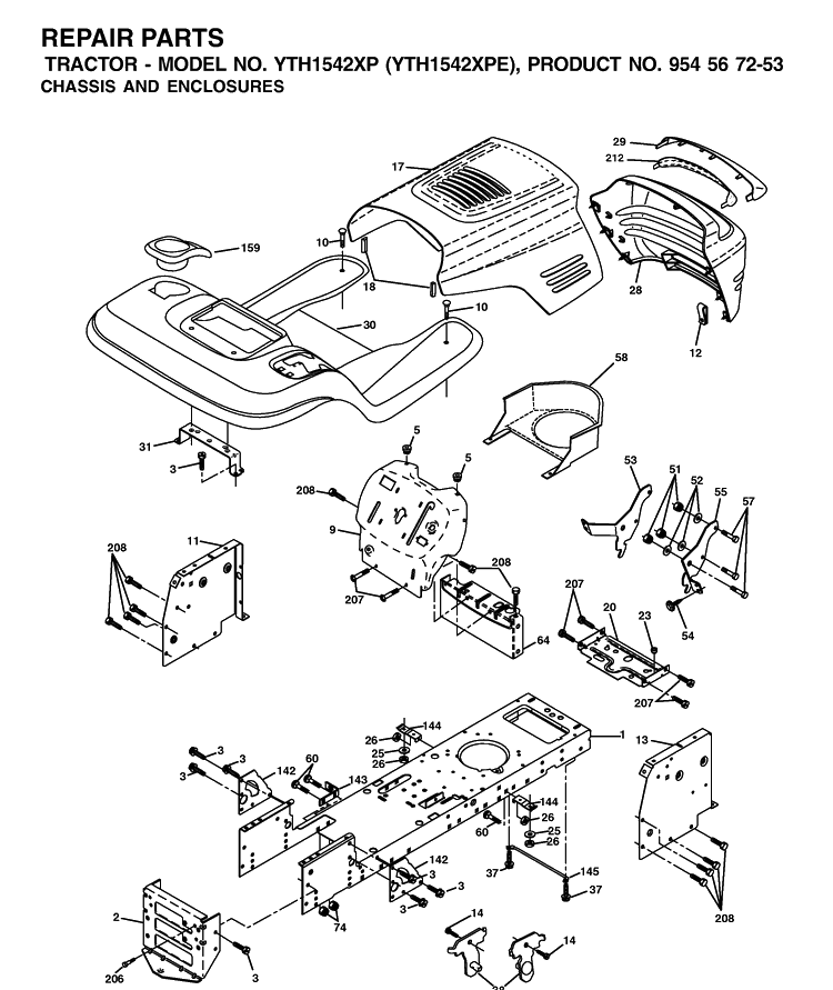 Chassis And Enclosures Diagram and Parts List for YTH1542XP (954567253)(2002-02) Husqvarna Lawn Tractor