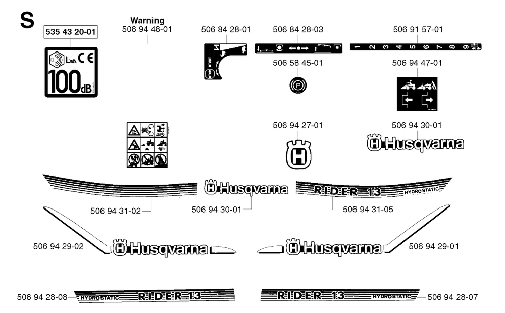 Decals Diagram and Parts List for R13 2002-02 Husqvarna Lawn Tractor