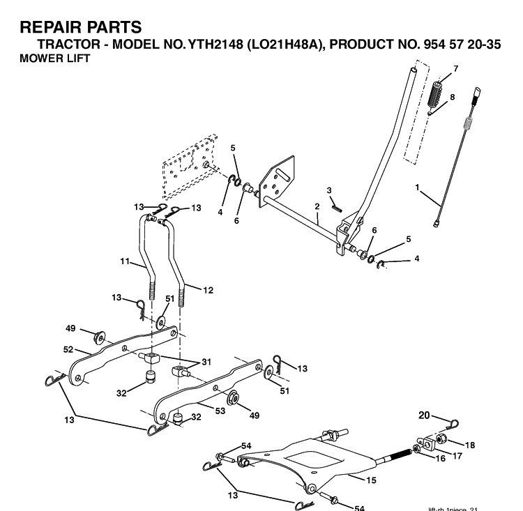 Mower Lift / Deck Lift Diagram and Parts List for YTH2148-LO21H48A 2003-12 Husqvarna Lawn Tractor