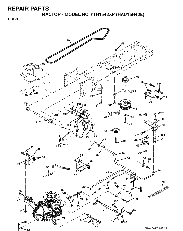 Drive Diagram and Parts List for YTH1542XP (HAU15H42E)(2004-01) Husqvarna Lawn Tractor