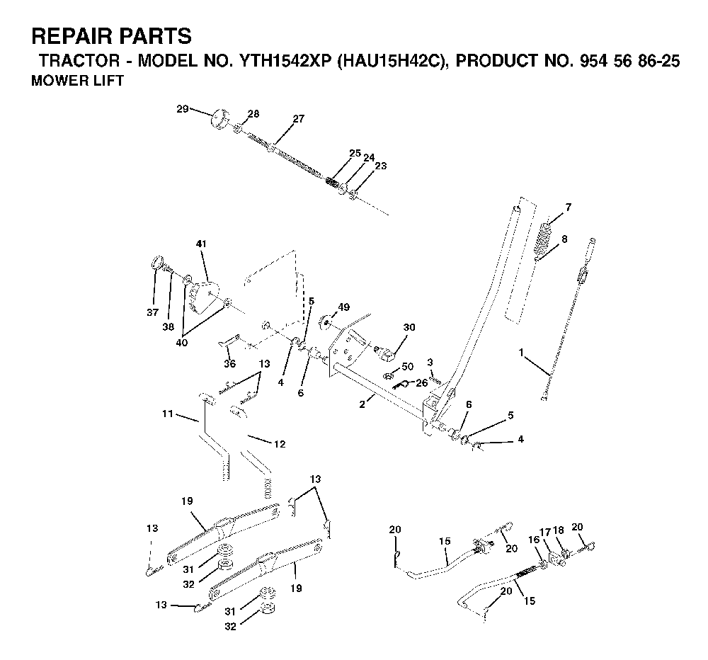 Mower Lift / Deck Lift Diagram and Parts List for YTH1542XP (HAU15H42C, 954568625)(2003-01) Husqvarna Lawn Tractor