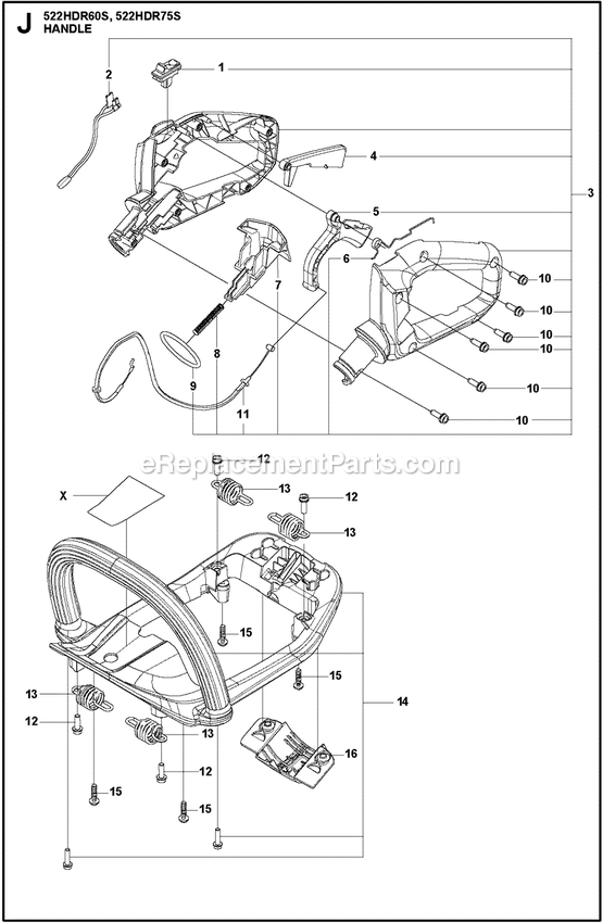 Handle And Controls Diagram and Parts List for 522HDR75S  Husqvarna Trimmer