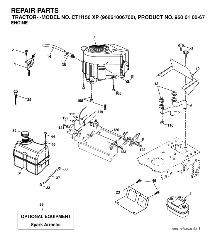 Engine And Cutting Equipment Diagram and Parts List for CTH150XP (96061006700)(2006-03) Husqvarna Lawn Tractor