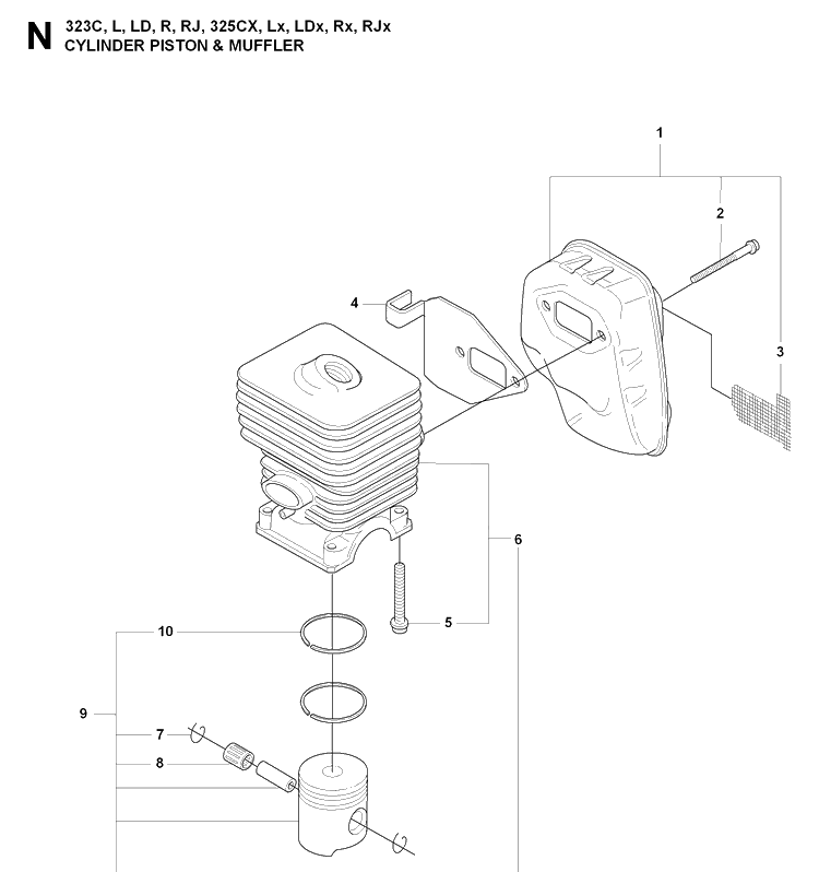 Cylinder, Piston And Muffler Diagram and Parts List for 325LDX 20080900001-Current Husqvarna Edger
