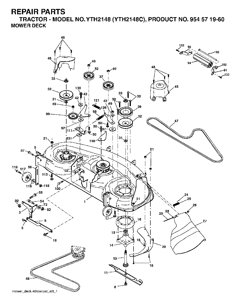 Mower Deck / Cutting Deck Diagram and Parts List for YTH2148C (954571960)(2004-03) Husqvarna Lawn Tractor