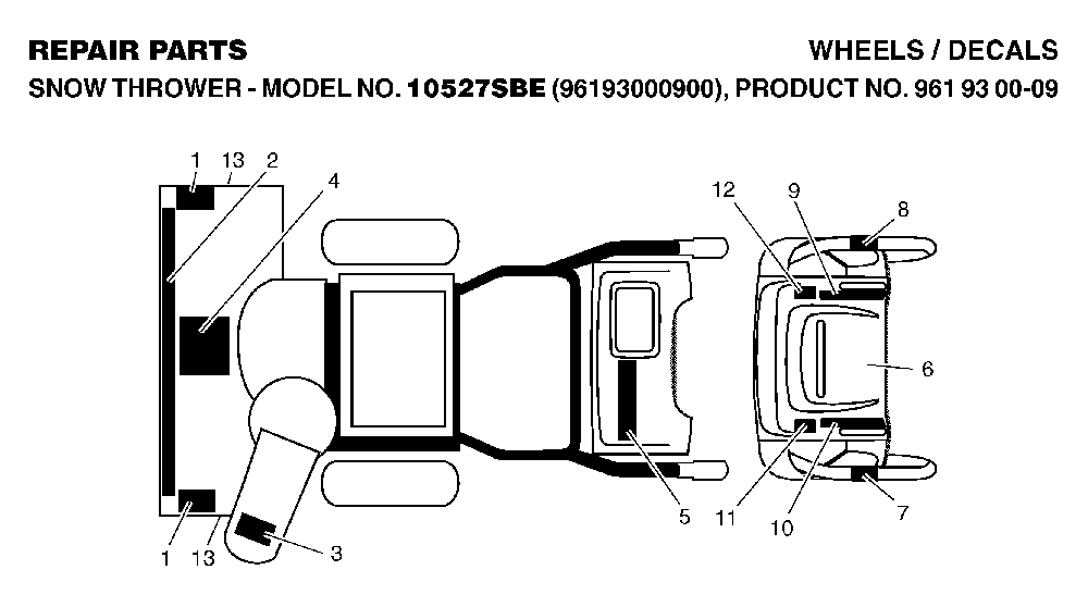Decals Diagram and Parts List for 10527SBE (96193000900, 961930009)(2006-05) Husqvarna Snow Blower