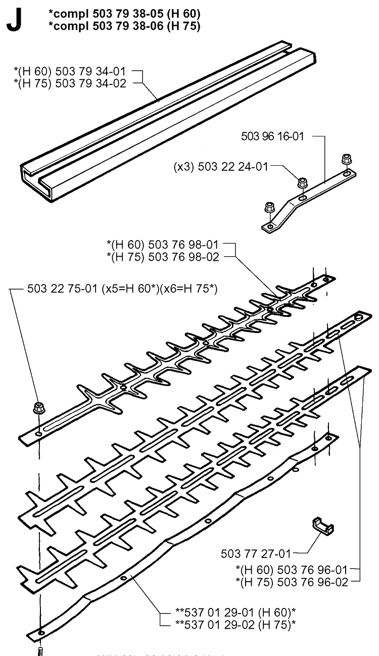 Cutting Equipment Diagram and Parts List for 225H75 19980900001-20022200000 Husqvarna Hedge Trimmer