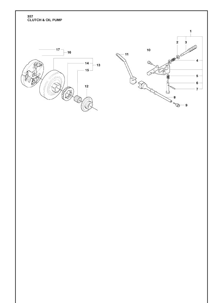 Clutch And Oil Pump Diagram and Parts List for 357 2010-02 Husqvarna Chainsaw