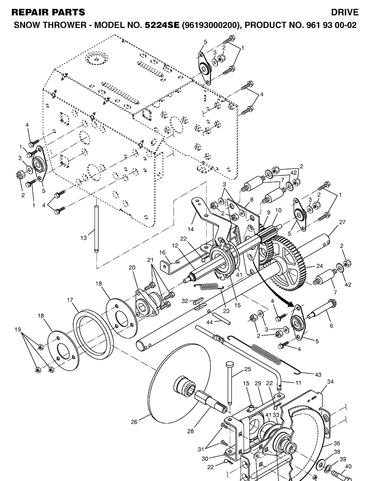 Drive Diagram and Parts List for 5524SE (96193000200)(2006-05) Husqvarna Snow Blower