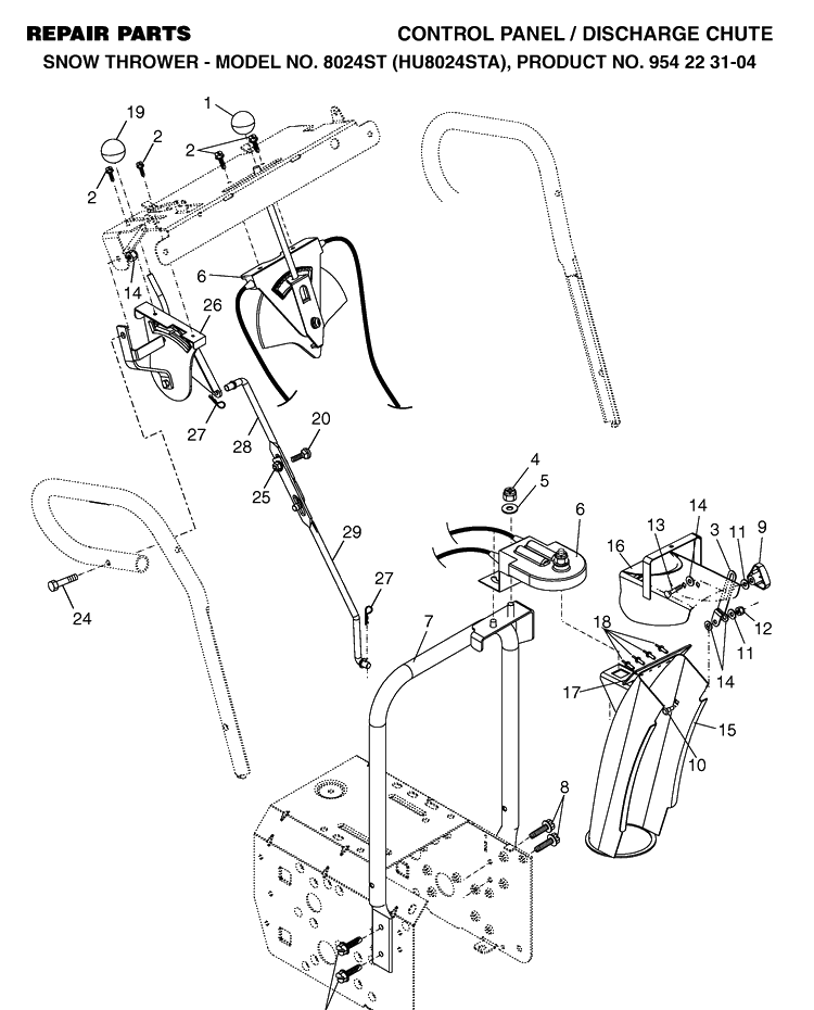 Control Panel And Discharge Chute Diagram and Parts List for 8024ST (HU8024STA)(2002-09) Husqvarna Snow Blower