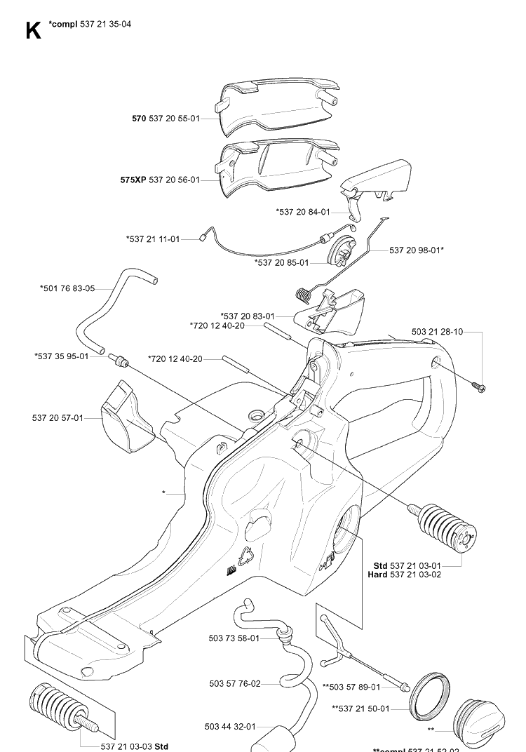 Fuel Tank Diagram and Parts List for 575XP 20051400001-20070100000 Husqvarna Chainsaw
