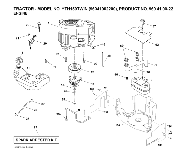 Engine Diagram and Parts List for YTH150 (96041002200)(2007-04) Husqvarna Lawn Tractor
