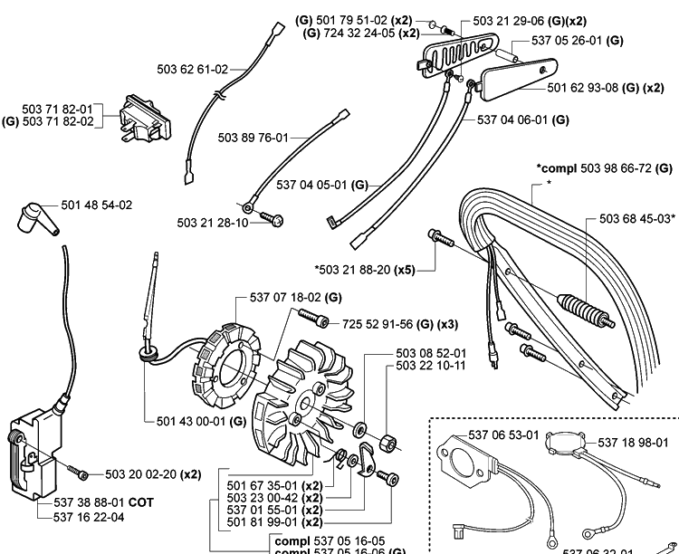 Ignition/Flywheel And Heated Components Diagram and Parts List for 385 2005-03 Husqvarna Chainsaw