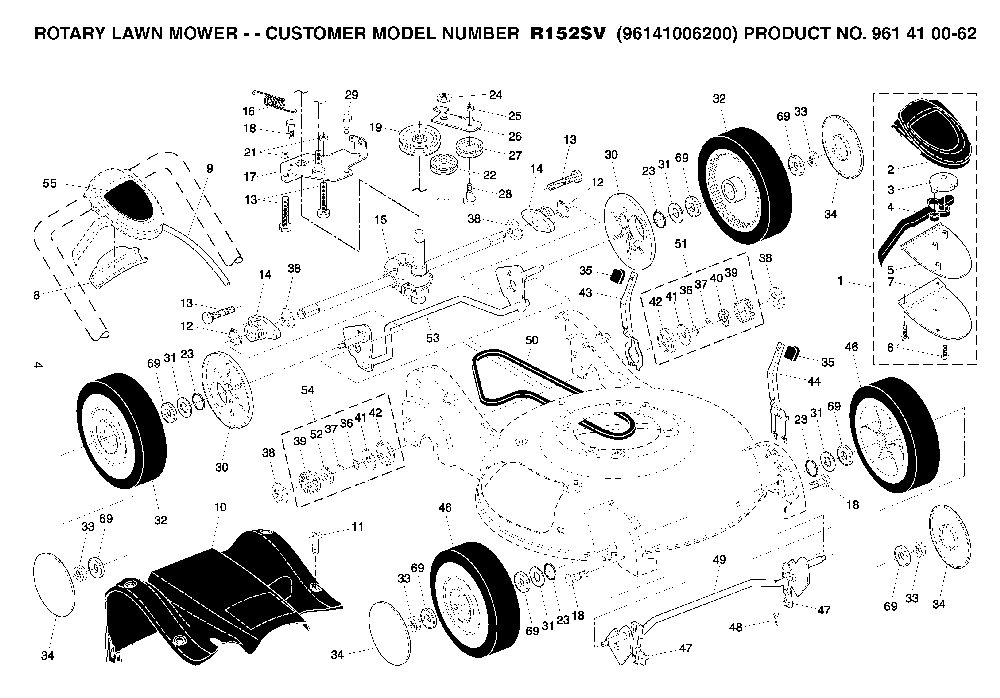 Wheels And Tires Diagram and Parts List for R152SV (96141006200, 961410062)(2006-01) Husqvarna Lawn Mower