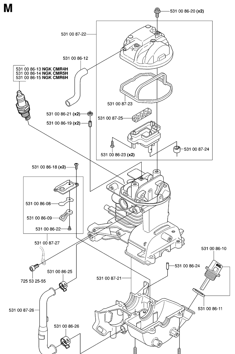 Cylinder And Crankcase Diagram and Parts List for 324HDA55 (X-SERIES)(20041800001-20053600000) Husqvarna Hedge Trimmer