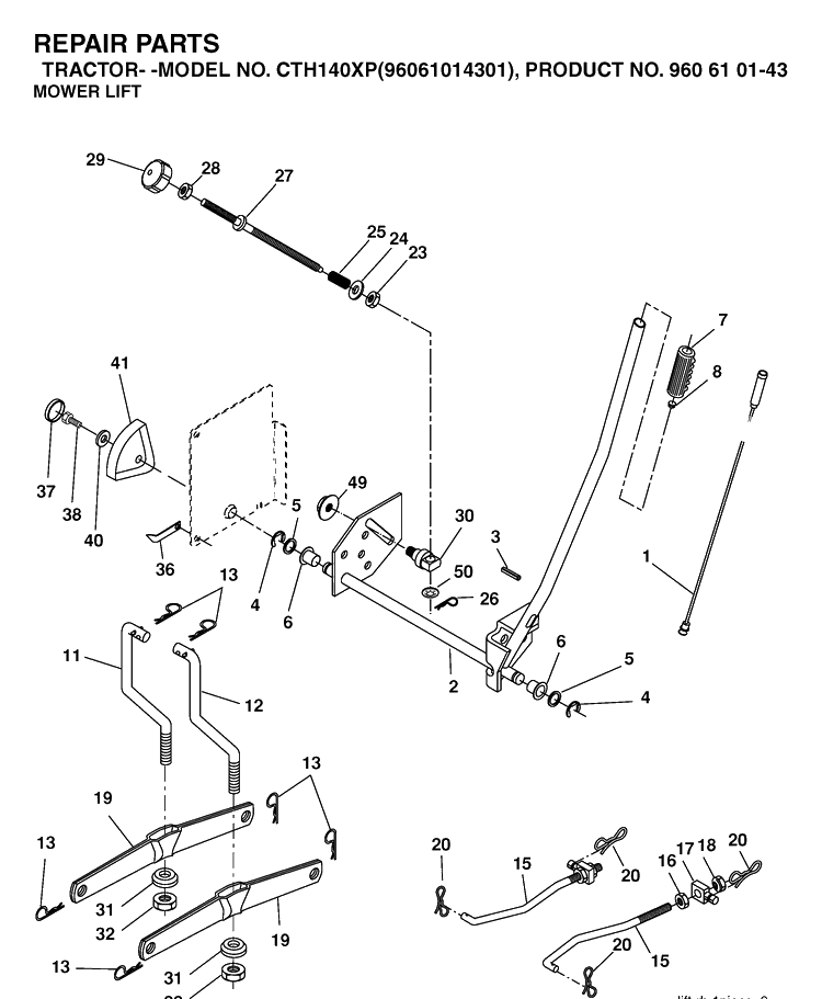 Mower Lift / Deck Lift Diagram and Parts List for CTH140XP (96061014301)(2006-06) Husqvarna Lawn Tractor