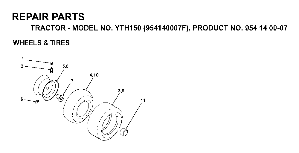 Wheels And Tires Diagram and Parts List for YTH150 (954140007F, 954140007)(1998-07) Husqvarna Lawn Tractor