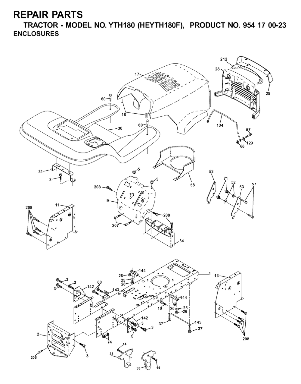 Chassis And Enclosures Diagram and Parts List for YTH180 (954170023-F)(2001-03) Husqvarna Lawn Tractor