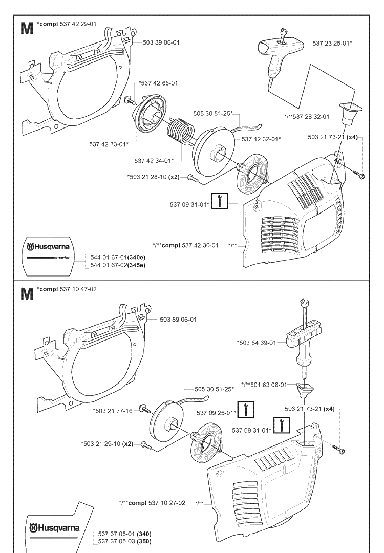 Starter Diagram and Parts List for 345 20070100001-Current Husqvarna Chainsaw