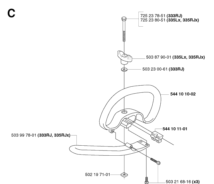 Handle Diagram and Parts List for 335RX 20064000001-20070100000 Husqvarna Brush Cutter