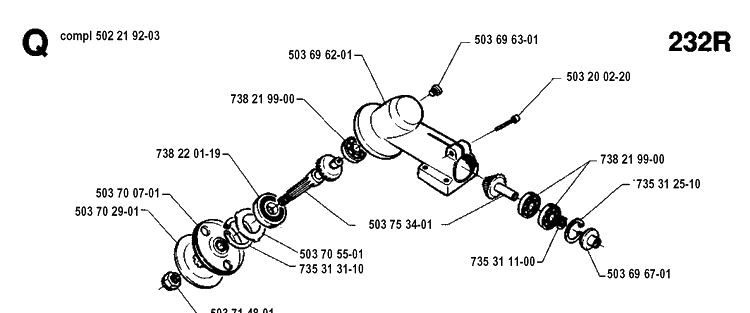 Bevel Gear Diagram and Parts List for 232R 19940600001-19954500000 Husqvarna Brush Cutter