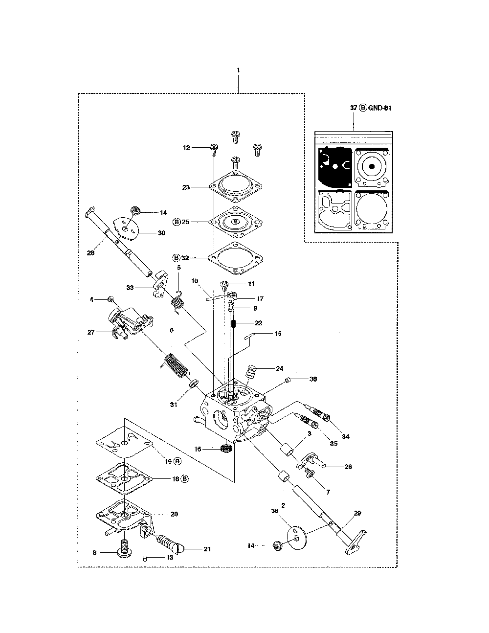 Carburetor Diagram and Parts List for 967166101  Husqvarna Chainsaw