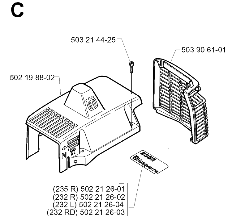 Cylinder Cover Diagram and Parts List for 232L 19980100001-20001400000 Husqvarna Edger