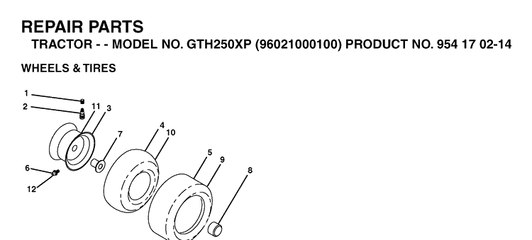 Wheels And Tires Diagram and Parts List for GTH250XP (96021000100)(2005-01) Husqvarna Lawn Tractor