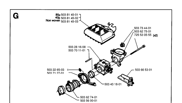 Carburetor And Air Filter Diagram and Parts List for 371XP 19954900001-19960900000 Husqvarna Chainsaw
