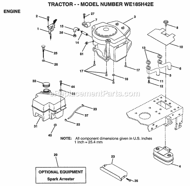 Engine Diagram and Parts List for WE185H42E 1998 Husqvarna Lawn Tractor