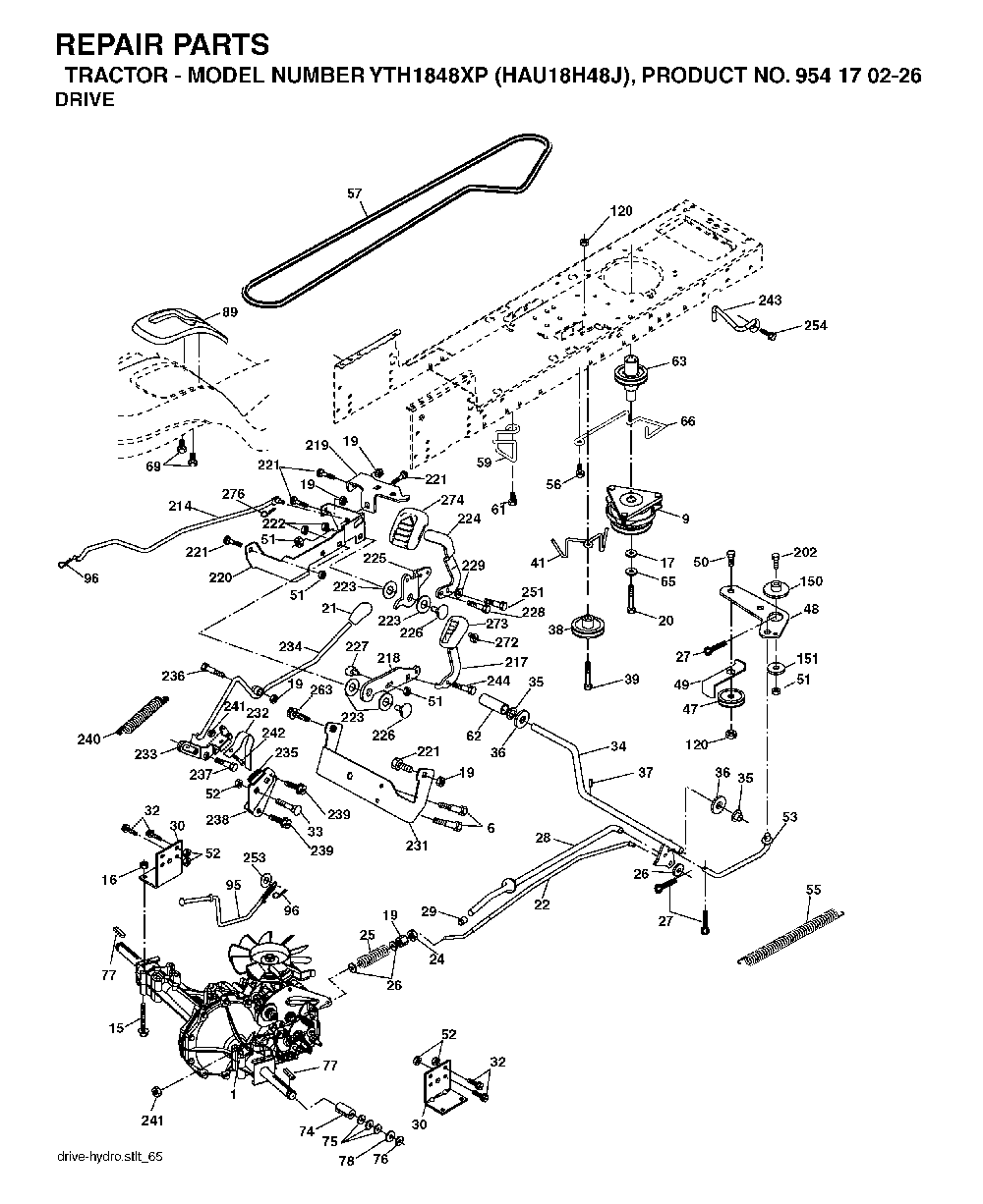 Drive Diagram and Parts List for YTH1848XP (HAU18H48J, 954170226)(2004-09) Husqvarna Lawn Tractor