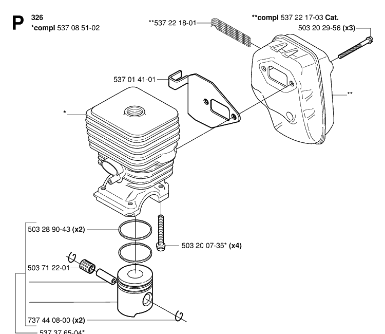 Cylinder, Piston And Muffler Diagram and Parts List for 326RX 20061400001-20070100000 Husqvarna Brush Cutter