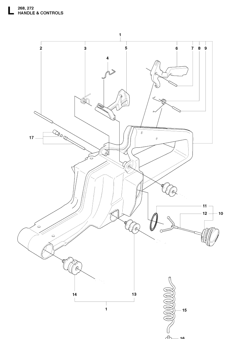 Handle And Controls Diagram and Parts List for 272XP 20091400001-20163200000 Husqvarna Chainsaw