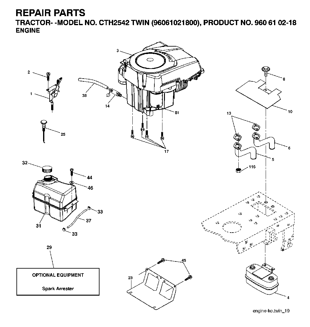 Engine Diagram and Parts List for CTH2542TWIN (96061021800, 960610218)(2007-04) Husqvarna Lawn Tractor