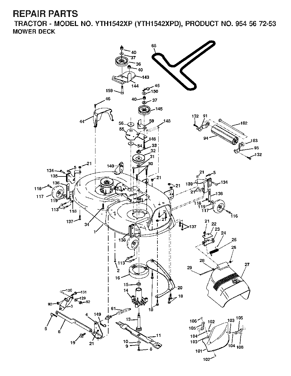 Mower Deck / Cutting Deck Diagram and Parts List for YTH1542XPD (954567253)(2001-12) Husqvarna Lawn Tractor