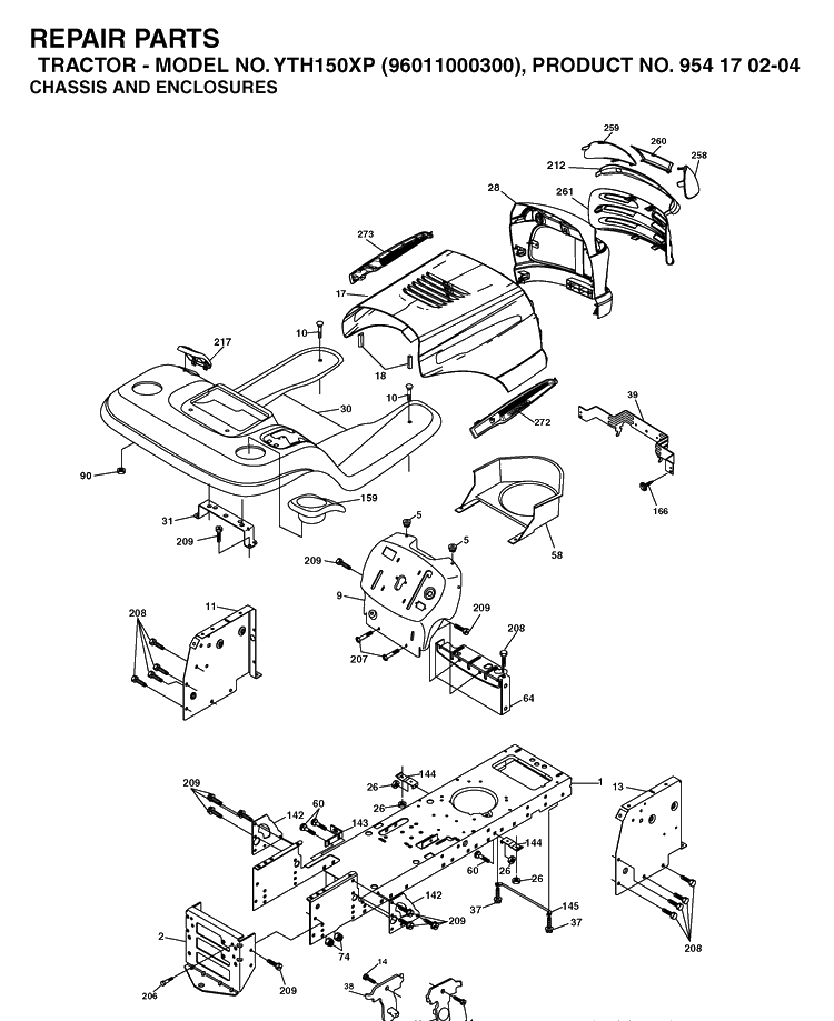 Chassis And Enclosures Diagram and Parts List for YTH150XP (96011000300)(2005-01) Husqvarna Lawn Tractor