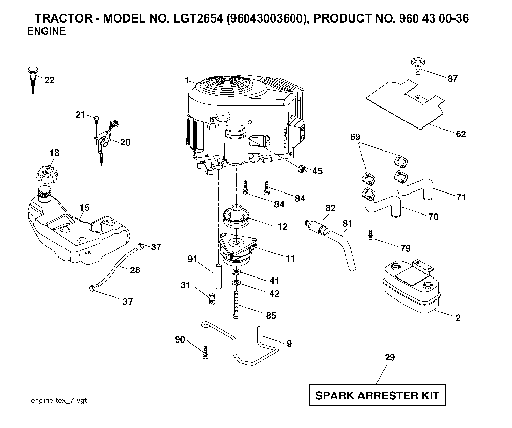 Engine Diagram and Parts List for LGT2654 (96043003600, 960430036)(2006-12) Husqvarna Lawn Tractor