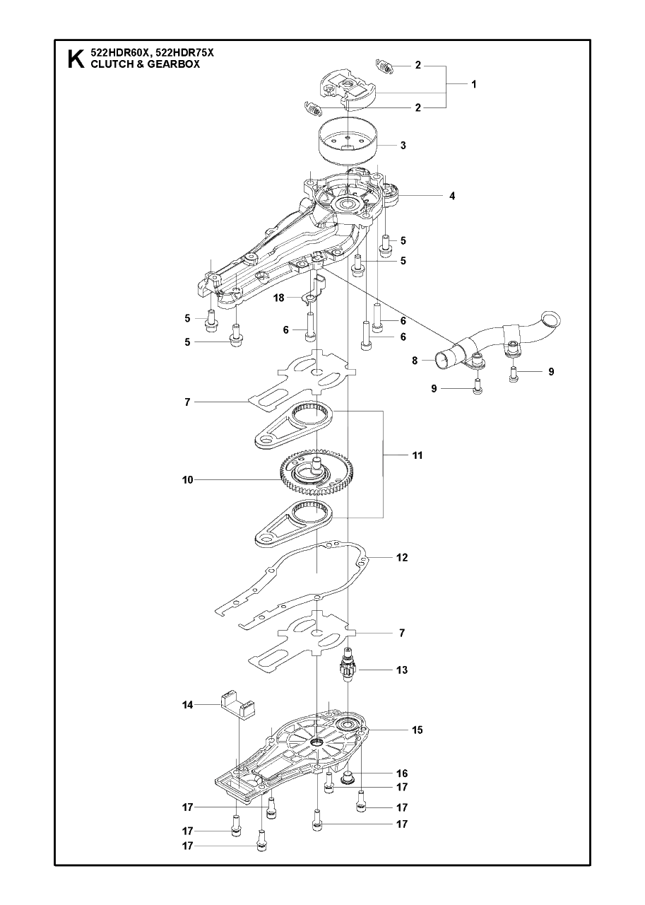 Gear Housing Diagram and Parts List for 522HDR 60-75 X Husqvarna Hedge Trimmer