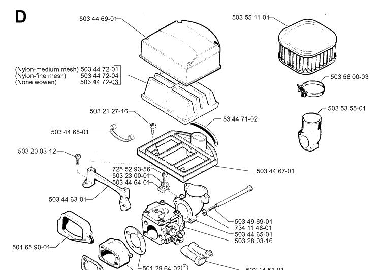Carburetor And Air Filter Diagram and Parts List for 272XP 19970100001-19994500000 Husqvarna Chainsaw