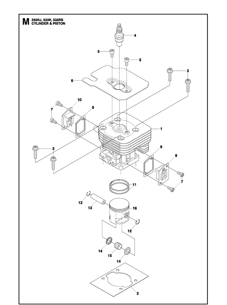 Cylinder Piston Diagram and Parts List for 233RJ  Husqvarna Brush Cutter