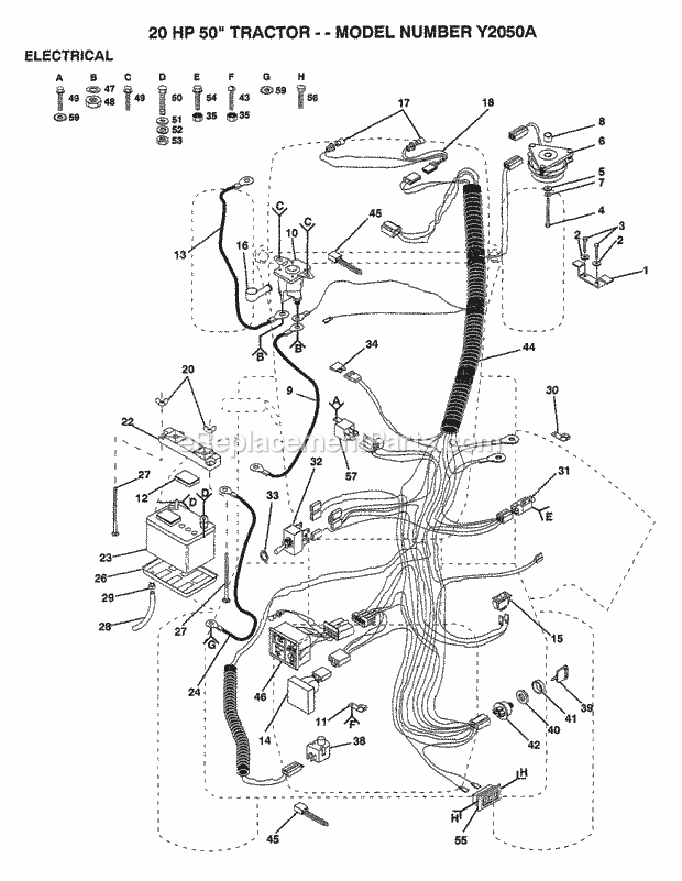 20hp 50" Tractor-Electrical Diagram and Parts List for Y2050A 1992 Husqvarna Lawn Tractor