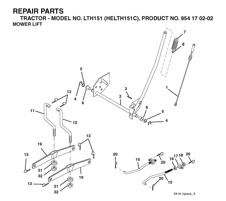 Mower Lift / Deck Lift Diagram and Parts List for LTH151 (HELTH151C)(2004-09) Husqvarna Lawn Tractor